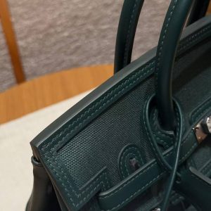 Hermes Birkin Cargo 25 Bag Handmade In Swift Calfskin Leather And Canvas Silver Hardware 65 Vert Moyen - Image 6