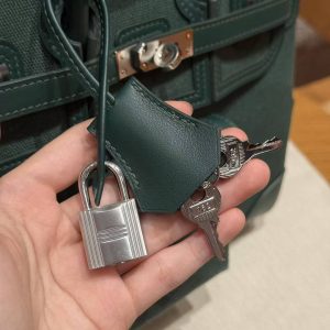 Hermes Birkin Cargo 25 Bag Handmade In Swift Calfskin Leather And Canvas Silver Hardware 65 Vert Moyen - Image 5