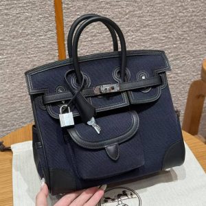 Hermes Birkin Cargo 25 Bag Handmade In Swift Calfskin Leather And Canvas Silver Hardware 7U Blue Navy 89 Noir