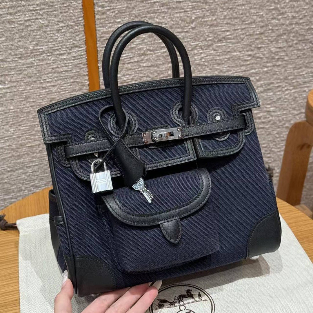 Hermes Birkin Cargo 25 Bag Handmade In Swift Calfskin Leather And Canvas Silver Hardware 7U Blue Navy 89 Noir