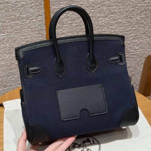 Hermes Birkin Cargo 25 Bag Handmade In Swift Calfskin Leather And Canvas Silver Hardware 7U Blue Navy 89 Noir - Image 2