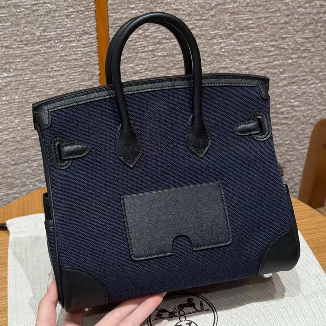 Hermes Birkin Cargo 25 Bag Handmade In Swift Calfskin Leather And Canvas Silver Hardware 7U Blue Navy 89 Noir - Image 2