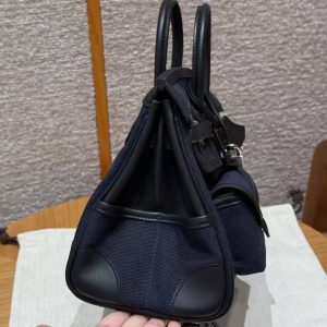 Hermes Birkin Cargo 25 Bag Handmade In Swift Calfskin Leather And Canvas Silver Hardware 7U Blue Navy 89 Noir - Image 18