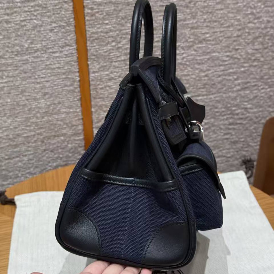 Hermes Birkin Cargo 25 Bag Handmade In Swift Calfskin Leather And Canvas Silver Hardware 7U Blue Navy 89 Noir - Image 18