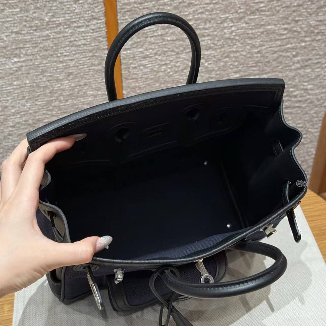 Hermes Birkin Cargo 25 Bag Handmade In Swift Calfskin Leather And Canvas Silver Hardware 7U Blue Navy 89 Noir - Image 15
