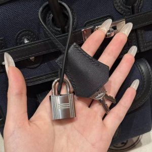 Hermes Birkin Cargo 25 Bag Handmade In Swift Calfskin Leather And Canvas Silver Hardware 7U Blue Navy 89 Noir - Image 12