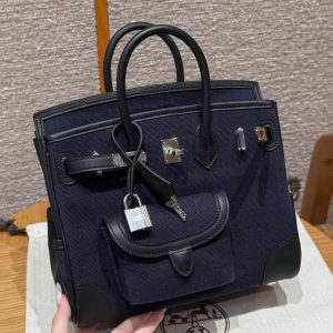 Hermes Birkin Cargo 25 Bag Handmade In Swift Calfskin Leather And Canvas Silver Hardware 7U Blue Navy 89 Noir - Image 11