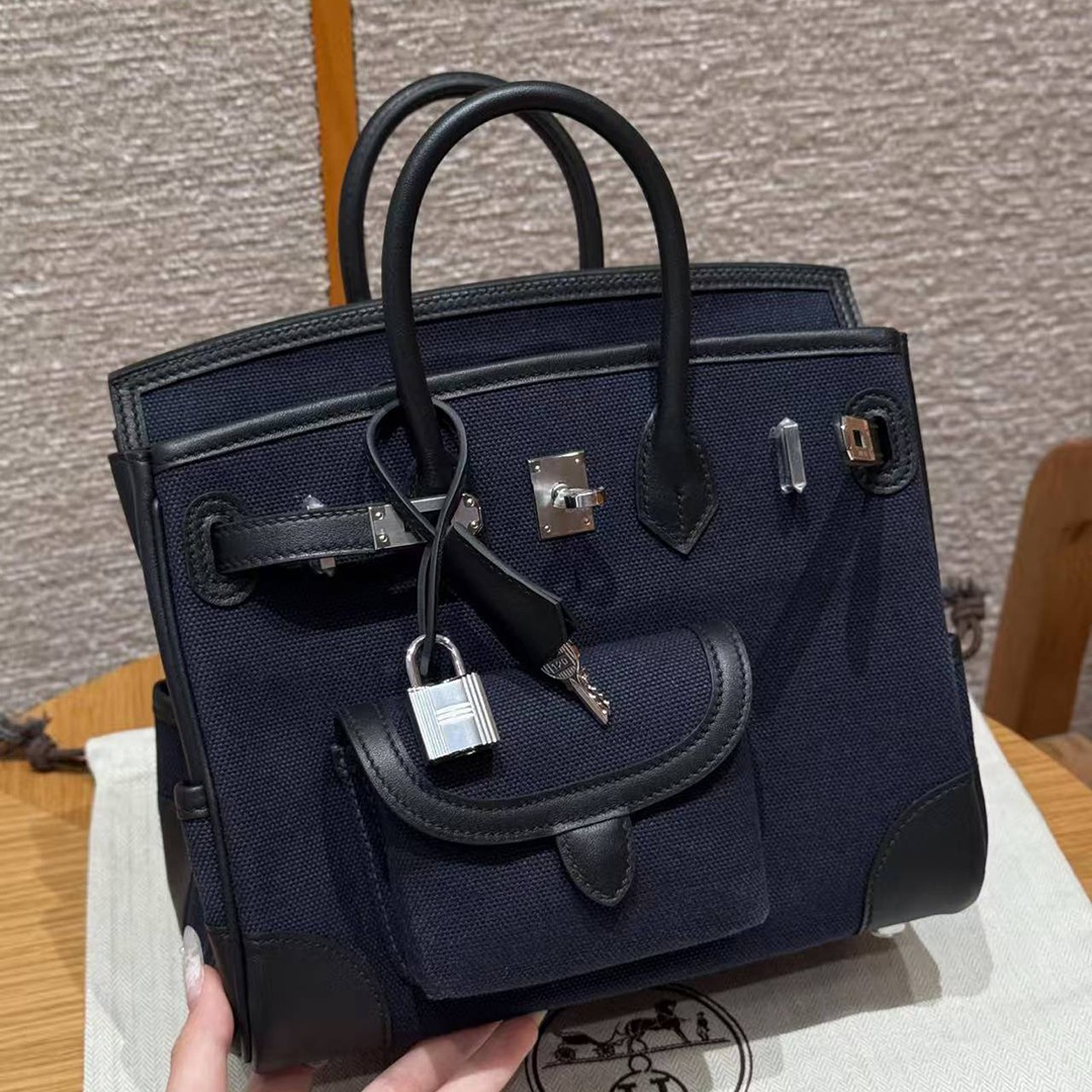 Hermes Birkin Cargo 25 Bag Handmade In Swift Calfskin Leather And Canvas Silver Hardware 7U Blue Navy 89 Noir - Image 11