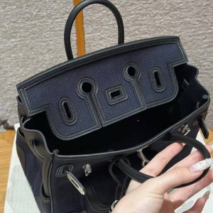 Hermes Birkin Cargo 25 Bag Handmade In Swift Calfskin Leather And Canvas Silver Hardware 7U Blue Navy 89 Noir - Image 9