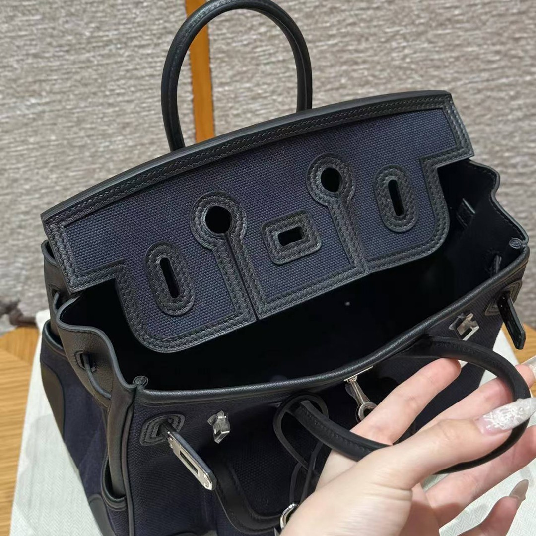 Hermes Birkin Cargo 25 Bag Handmade In Swift Calfskin Leather And Canvas Silver Hardware 7U Blue Navy 89 Noir - Image 9