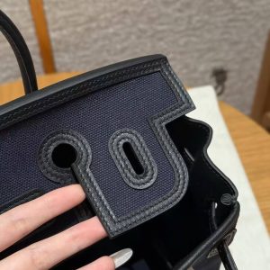 Hermes Birkin Cargo 25 Bag Handmade In Swift Calfskin Leather And Canvas Silver Hardware 7U Blue Navy 89 Noir - Image 8