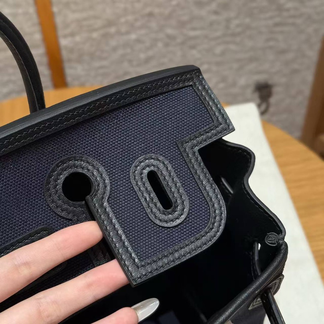 Hermes Birkin Cargo 25 Bag Handmade In Swift Calfskin Leather And Canvas Silver Hardware 7U Blue Navy 89 Noir - Image 8