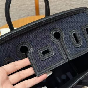 Hermes Birkin Cargo 25 Bag Handmade In Swift Calfskin Leather And Canvas Silver Hardware 7U Blue Navy 89 Noir - Image 7
