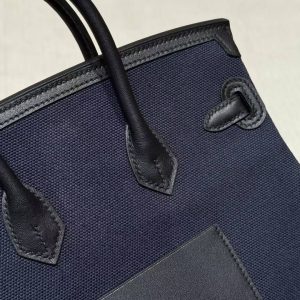 Hermes Birkin Cargo 25 Bag Handmade In Swift Calfskin Leather And Canvas Silver Hardware 7U Blue Navy 89 Noir - Image 5