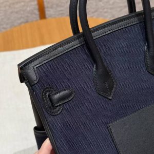 Hermes Birkin Cargo 25 Bag Handmade In Swift Calfskin Leather And Canvas Silver Hardware 7U Blue Navy 89 Noir - Image 4