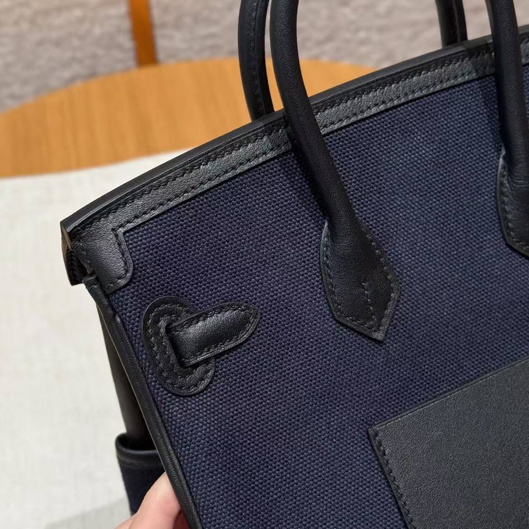 Hermes Birkin Cargo 25 Bag Handmade In Swift Calfskin Leather And Canvas Silver Hardware 7U Blue Navy 89 Noir - Image 4