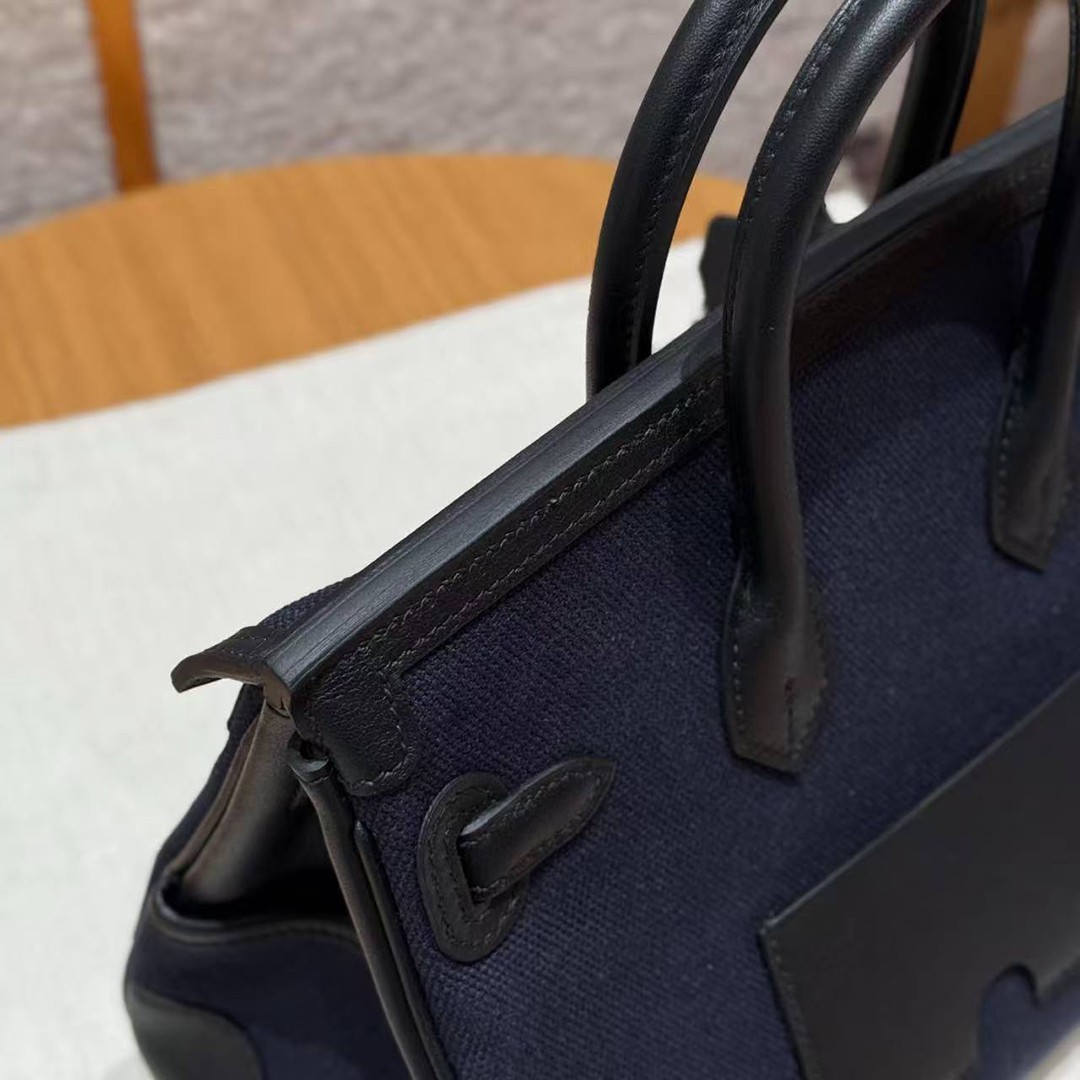 Hermes Birkin Cargo 25 Bag Handmade In Swift Calfskin Leather And Canvas Silver Hardware 7U Blue Navy 89 Noir - Image 3