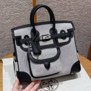 Hermes Birkin Cargo 25 Bag Handmade In Swift Calfskin Leather And Canvas Silver Hardware Ecru Noir