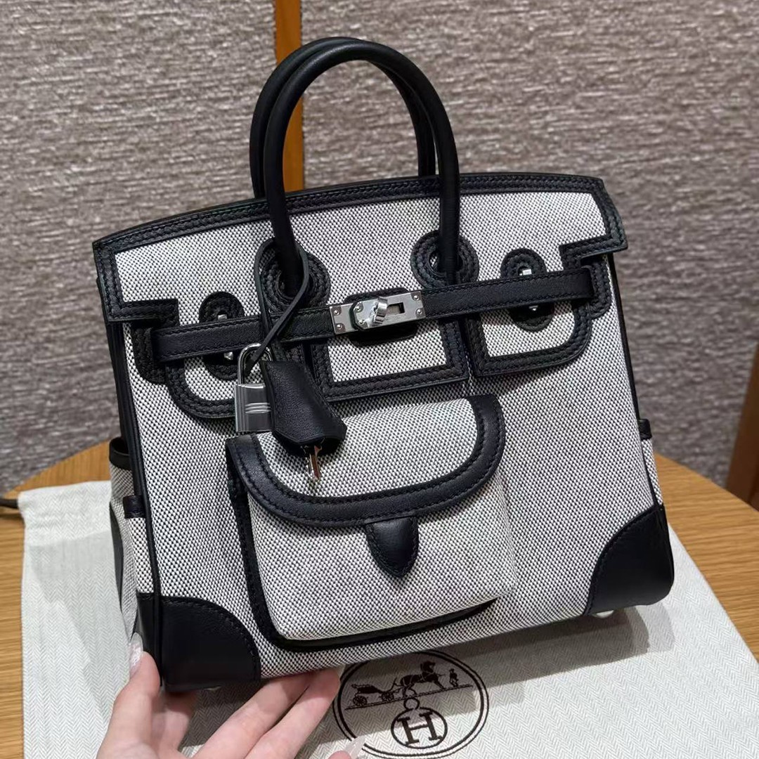 Hermes Birkin Cargo 25 Bag Handmade In Swift Calfskin Leather And Canvas Silver Hardware Ecru Noir