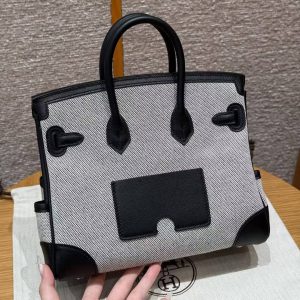 Alternative view of Hermes Birkin Cargo 25 Bag Handmade In Swift Calfskin Leather And Canvas Silver Hardware Ecru Noir