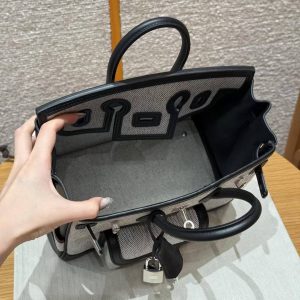 Hermes Birkin Cargo 25 Bag Handmade In Swift Calfskin Leather And Canvas Silver Hardware Ecru Noir - Image 16