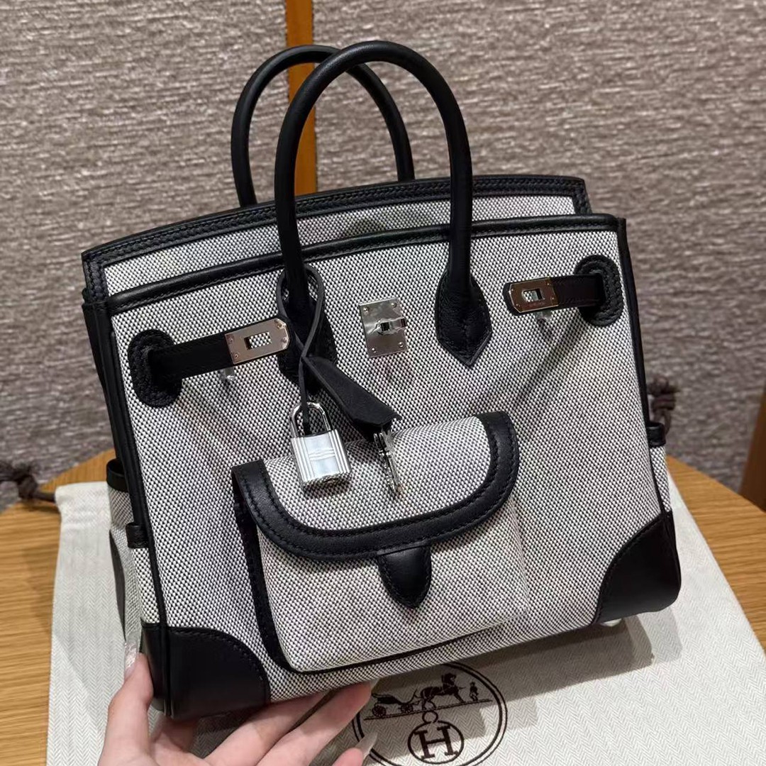 Hermes Birkin Cargo 25 Bag Handmade In Swift Calfskin Leather And Canvas Silver Hardware Ecru Noir - Image 12