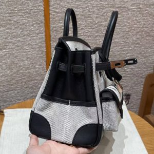 Hermes Birkin Cargo 25 Bag Handmade In Swift Calfskin Leather And Canvas Silver Hardware Ecru Noir - Image 11