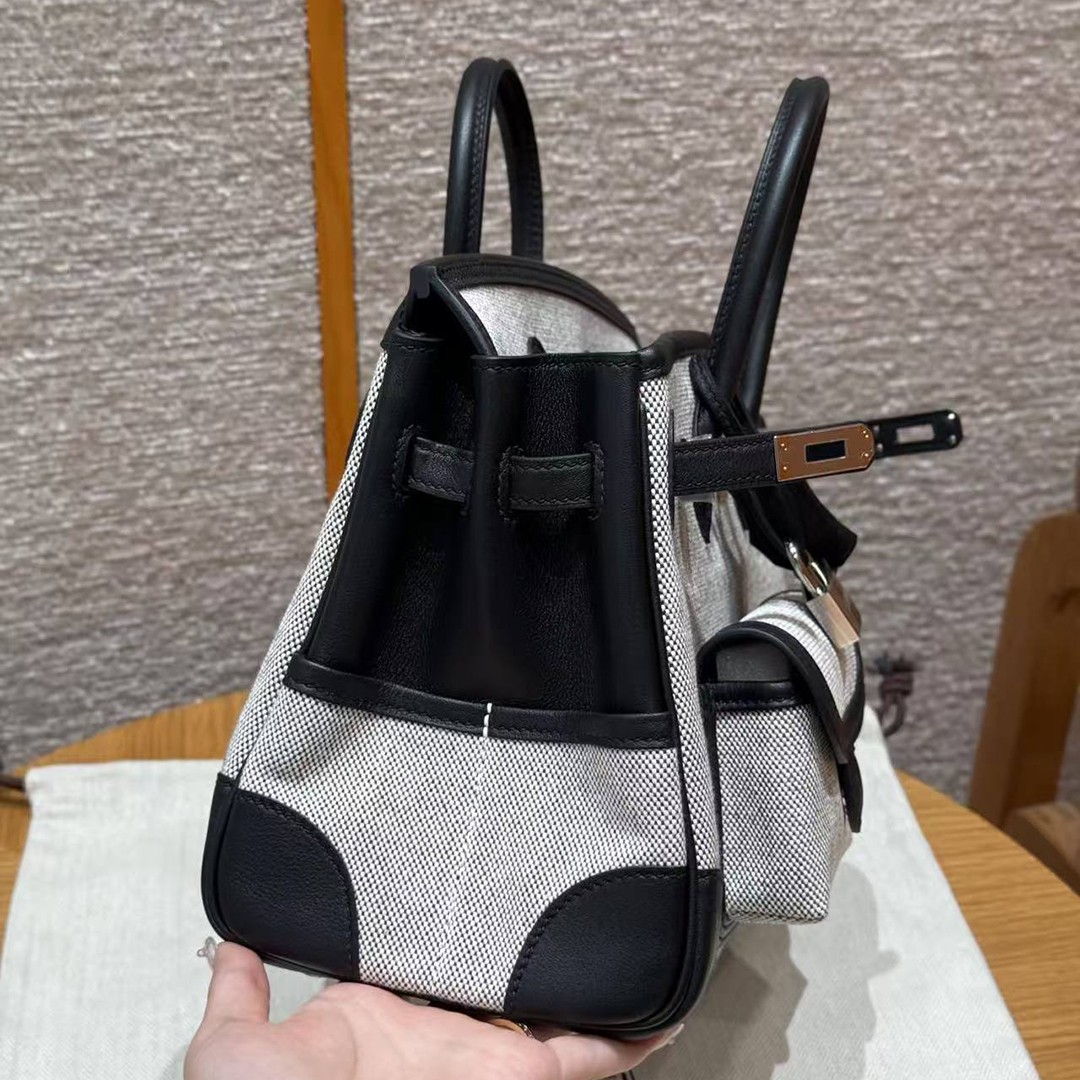 Hermes Birkin Cargo 25 Bag Handmade In Swift Calfskin Leather And Canvas Silver Hardware Ecru Noir - Image 11