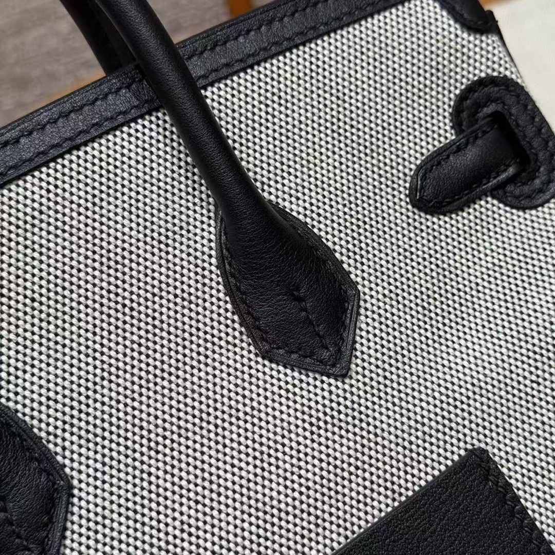 Hermes Birkin Cargo 25 Bag Handmade In Swift Calfskin Leather And Canvas Silver Hardware Ecru Noir - Image 5