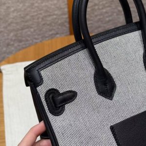 Hermes Birkin Cargo 25 Bag Handmade In Swift Calfskin Leather And Canvas Silver Hardware Ecru Noir - Image 4