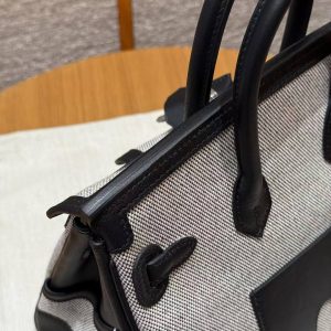 Hermes Birkin Cargo 25 Bag Handmade In Swift Calfskin Leather And Canvas Silver Hardware Ecru Noir - Image 3