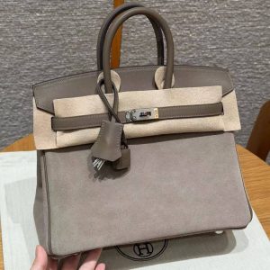 Hermes Birkin Grizzly 25 Bag Handmade In Grizzly and Swift Calfskin Leather Silver Hardware 18 Etoupe