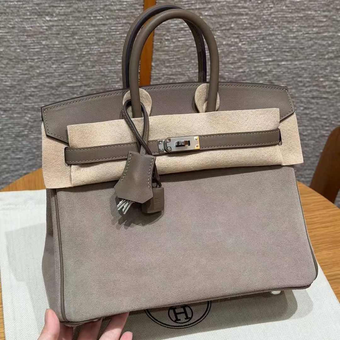 Hermes Birkin Grizzly 25 Bag Handmade In Grizzly and Swift Calfskin Leather Silver Hardware 18 Etoupe