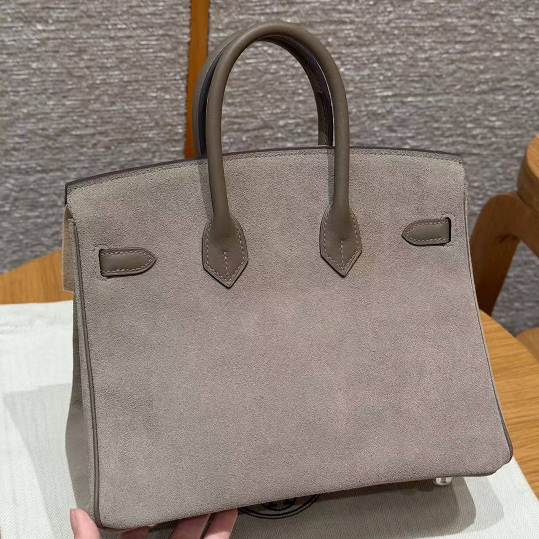 Hermes Birkin Grizzly 25 Bag Handmade In Grizzly and Swift Calfskin Leather Silver Hardware 18 Etoupe - Image 2