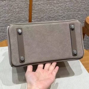Hermes Birkin Grizzly 25 Bag Handmade In Grizzly and Swift Calfskin Leather Silver Hardware 18 Etoupe - Image 16