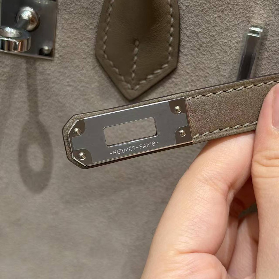 Hermes Birkin Grizzly 25 Bag Handmade In Grizzly and Swift Calfskin Leather Silver Hardware 18 Etoupe - Image 12