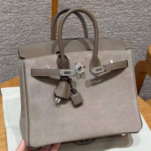 Hermes Birkin Grizzly 25 Bag Handmade In Grizzly and Swift Calfskin Leather Silver Hardware 18 Etoupe - Image 11