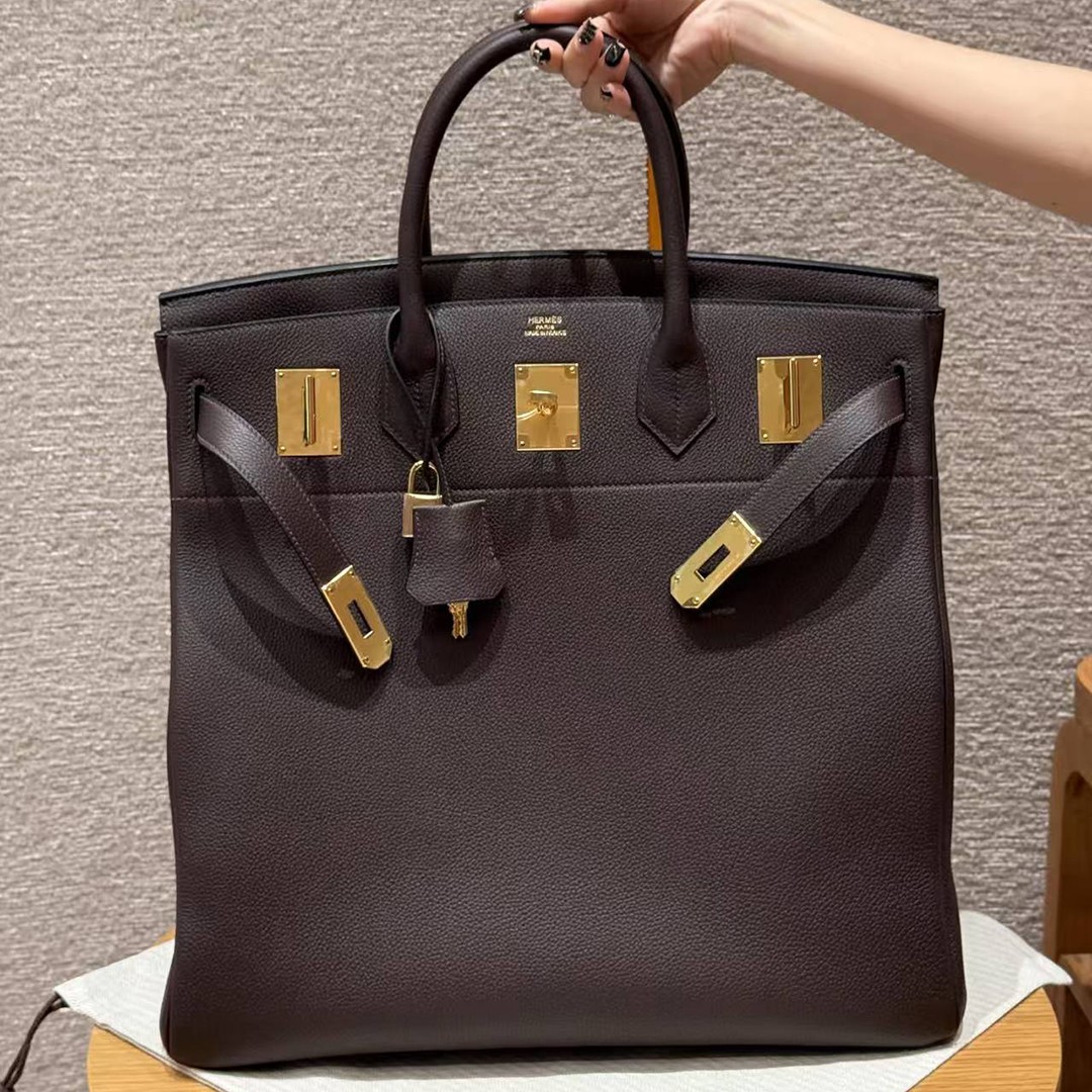 Hermes Birkin Hac 40 Bag Handmade In Togo Calfskin Leather Gold Hardware 47 Chocolat - Image 13