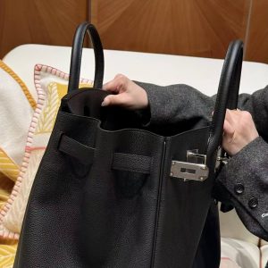 Hermes Birkin Hac 40 Bag Handmade In Togo Calfskin Leather Silver Hardware 89 Noir - Image 14