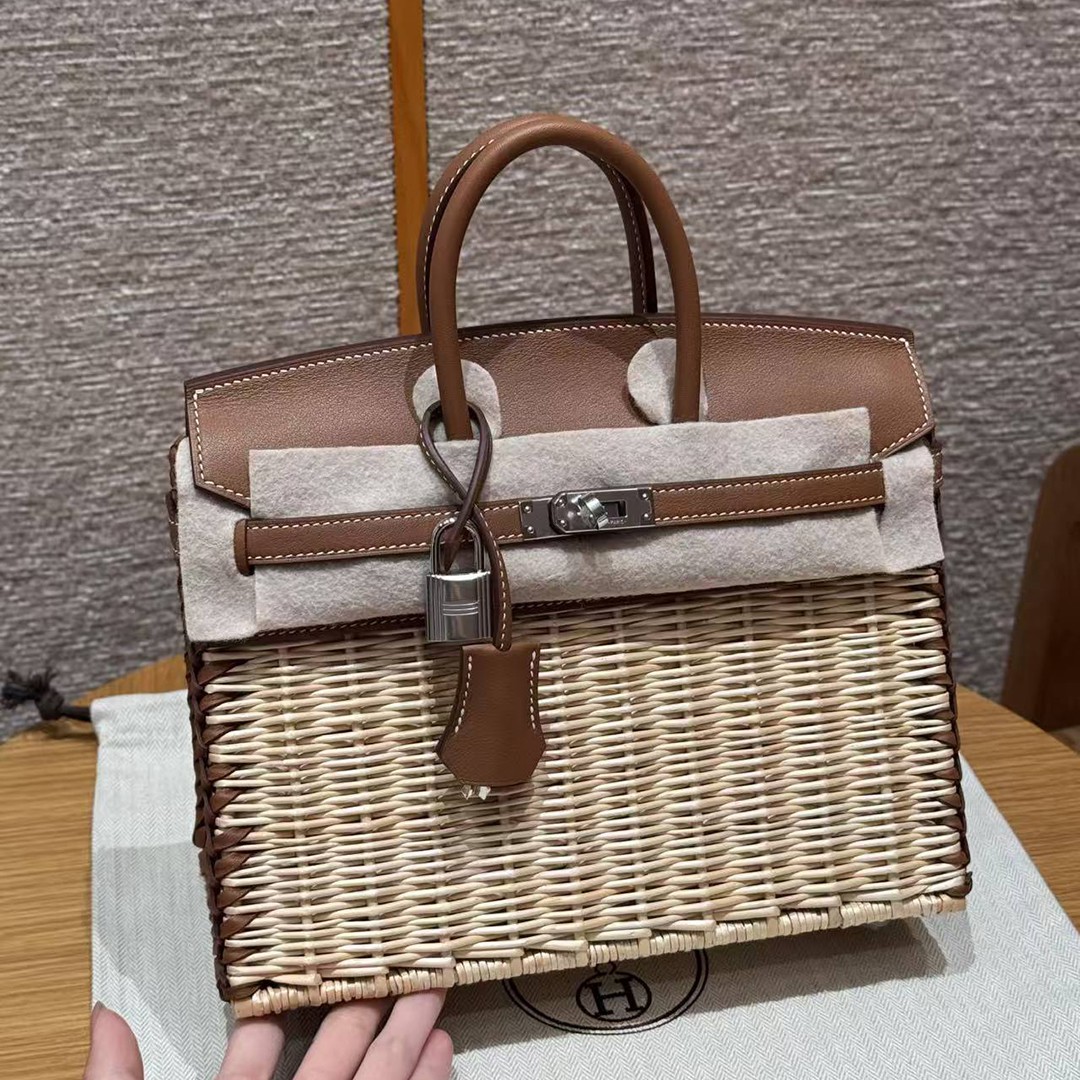 Hermes Birkin Picnic 25 Bag Handmade In Swift Calfskin Leather Silver Hardware 37 Gold