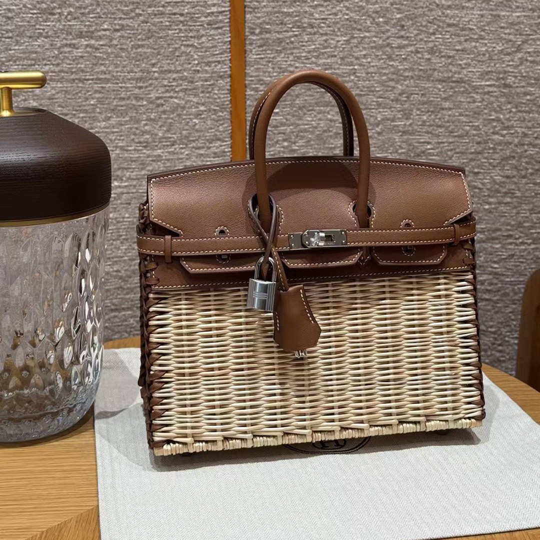 Hermes Birkin Picnic 25 Bag Handmade In Swift Calfskin Leather Silver Hardware 37 Gold - Image 9