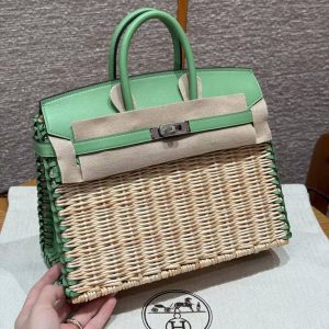 Hermes Birkin Picnic 25 Bag Handmade In Swift Calfskin Leather Silver Hardware 3i Vert Criquet