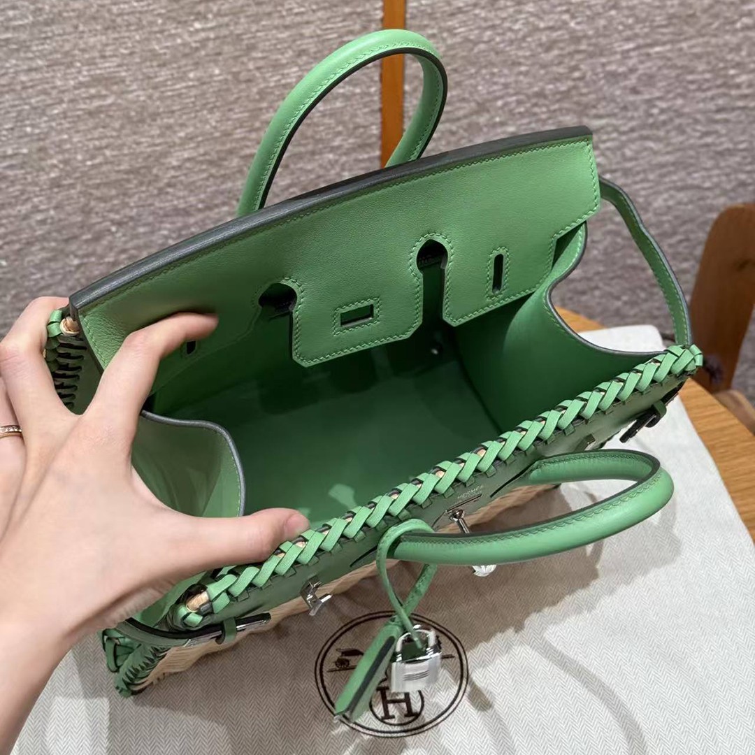 Hermes Birkin Picnic 25 Bag Handmade In Swift Calfskin Leather Silver Hardware 3i Vert Criquet - Image 14