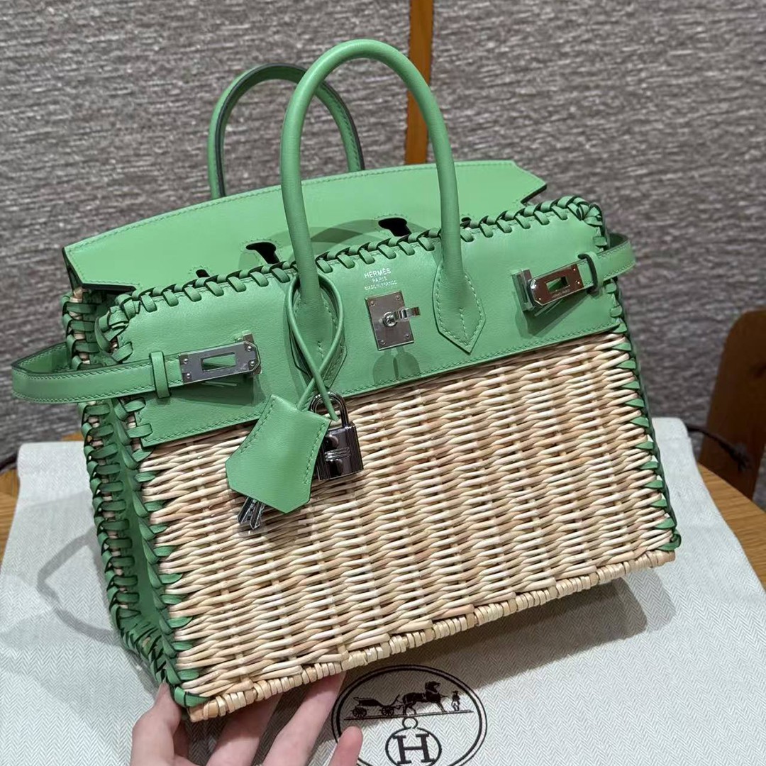 Hermes Birkin Picnic 25 Bag Handmade In Swift Calfskin Leather Silver Hardware 3i Vert Criquet - Image 10