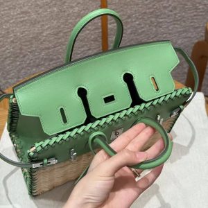 Hermes Birkin Picnic 25 Bag Handmade In Swift Calfskin Leather Silver Hardware 3i Vert Criquet - Image 6