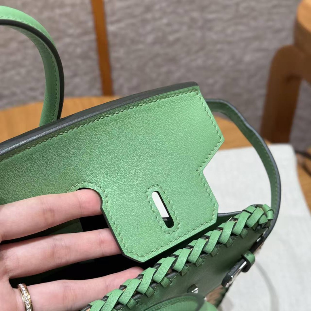 Hermes Birkin Picnic 25 Bag Handmade In Swift Calfskin Leather Silver Hardware 3i Vert Criquet - Image 5