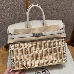 Hermes Birkin Picnic 25 Bag Handmade In Swift Calfskin Leather Silver Hardware 8L Beton