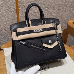 Alternative view of Hermes Birkin Rock 25 Bag Handmade In Volupto Calfskin Leather And Canvas Silver Hardware 89 Noir