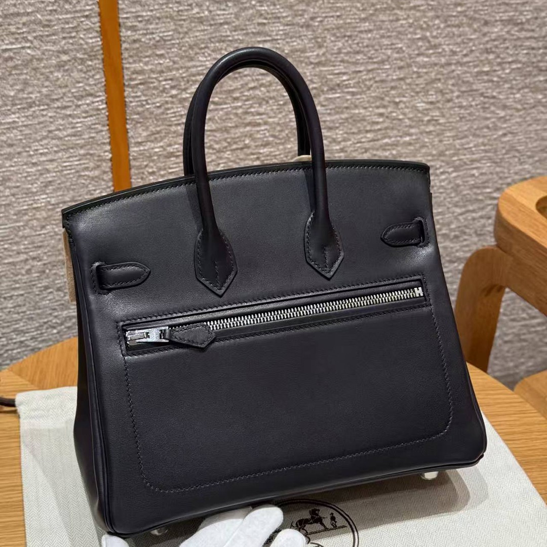 Hermes Birkin Rock 25 Bag Handmade In Volupto Calfskin Leather And Canvas Silver Hardware 89 Noir - Image 20