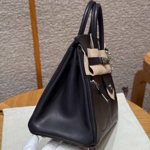 Hermes Birkin Rock 25 Bag Handmade In Volupto Calfskin Leather And Canvas Silver Hardware 89 Noir - Image 19
